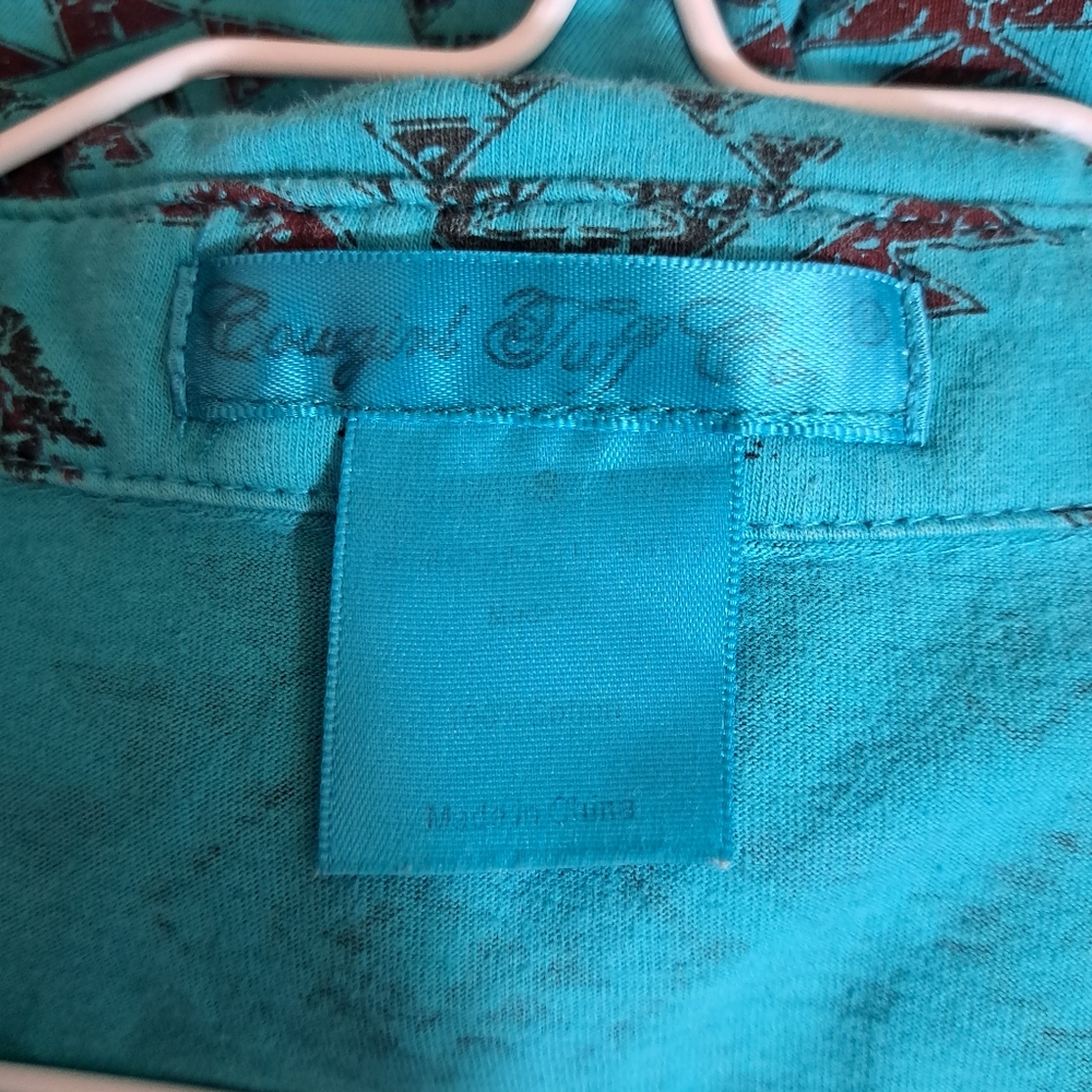 Cowgirl Tuff Pullover Button-up Shirt Turquoise and Red size small - Picture 3 of 3